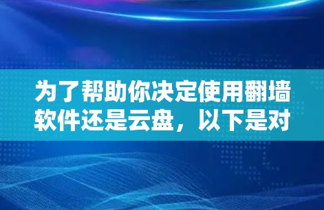 为了帮助你决定使用翻墙软件还是云盘，以下是对两者的主要对比分析